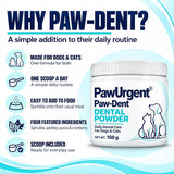 Why Paw-Dent: made for dogs and cats, one scoop a day, easy to add to food, scoop included