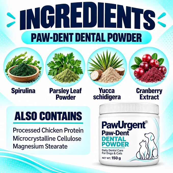 Paw-Dent ingredients: spirulina, parsley leaf powder, yucca schidigera, cranberry extract